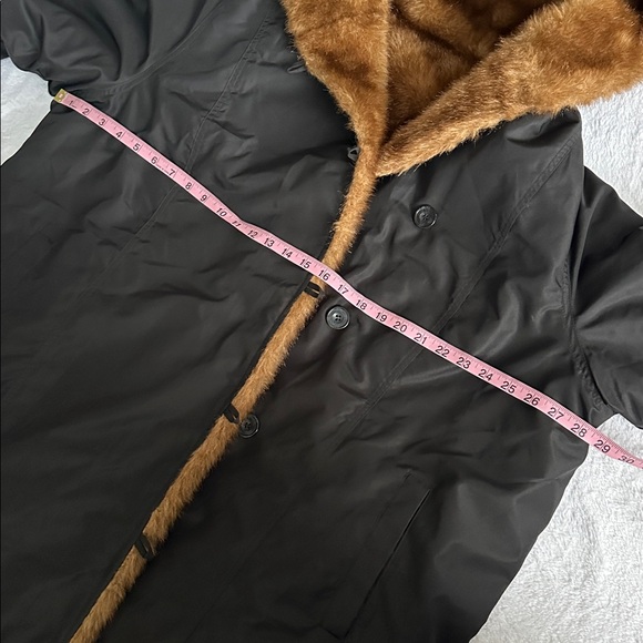 Vintage Neutral Brown Faux Fur Hooded Reversible Full Length Trench Coat 1X Soft - Picture 12 of 13